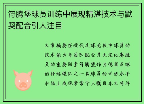 符腾堡球员训练中展现精湛技术与默契配合引人注目