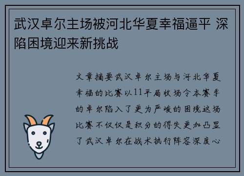 武汉卓尔主场被河北华夏幸福逼平 深陷困境迎来新挑战