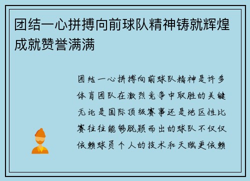 团结一心拼搏向前球队精神铸就辉煌成就赞誉满满