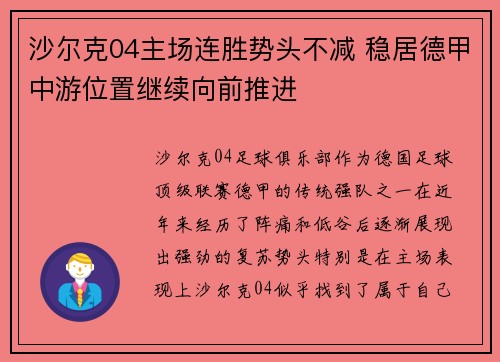 沙尔克04主场连胜势头不减 稳居德甲中游位置继续向前推进