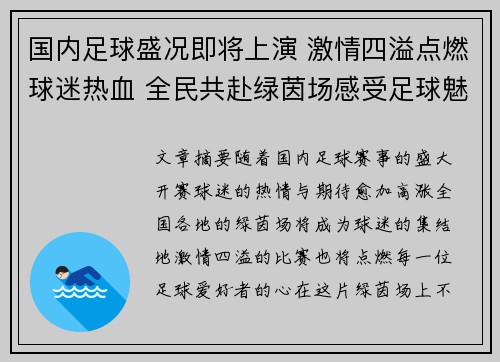 国内足球盛况即将上演 激情四溢点燃球迷热血 全民共赴绿茵场感受足球魅力
