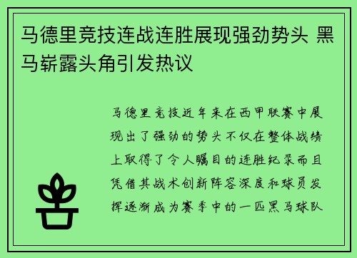 马德里竞技连战连胜展现强劲势头 黑马崭露头角引发热议